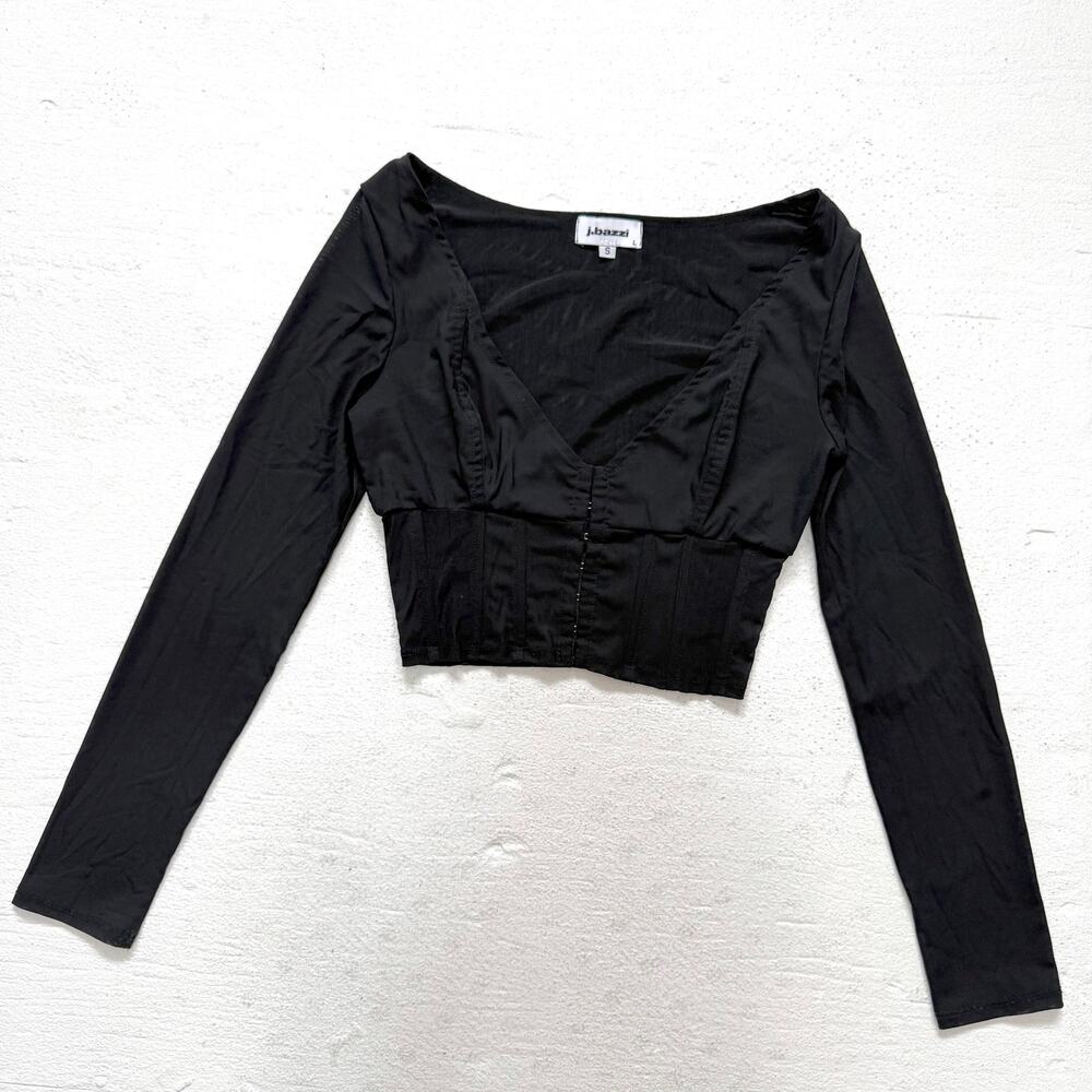J.Bazzi Black Mesh Corset Bustier Long Sleeve Crop Top, Size Small